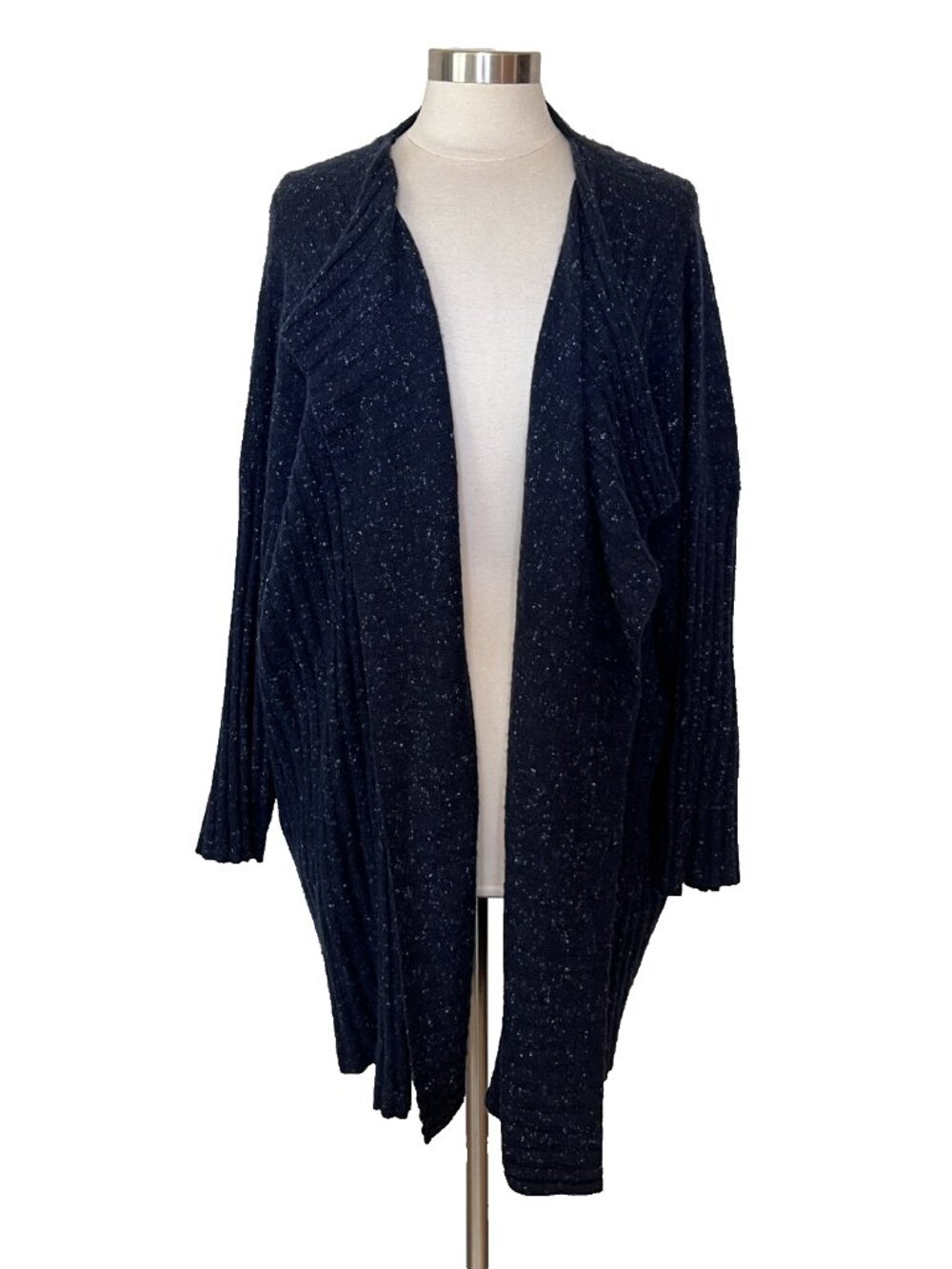 Eskandar One Size Navy Speckled Wool Cashmere Open Cardigan Draped Lagenlook